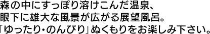 森の中にすっぽり溶けこんだ温泉、眼下に広がる雄大な風景を一望できる展望風呂。「ゆったり・のんびり」ぬくもりをお楽しみ下さい。